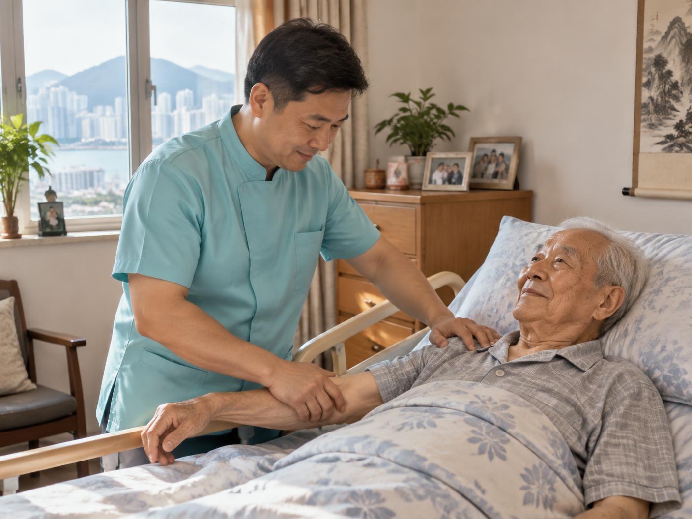 男護理人員為臥床男長者提供按摩護理(設計圖片)